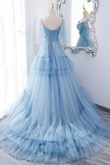 A Line V Neck New Style Tiered Long Tulle Corset Prom Dress, Evening Gown with Flower outfit, Party Dress Jeans