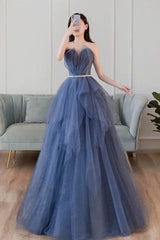 Blue Sweetheart Sleeveless Floor Length Sparkly Evening Corset Prom Dress with Belt Gowns, Party Dress Sparkle