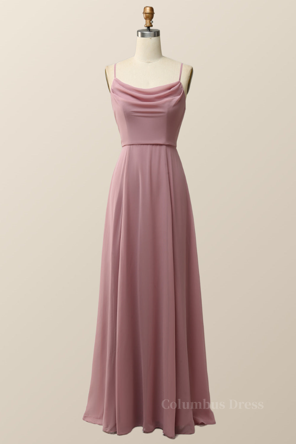 Blush Pink Cowl Neck Chiffon Long Corset Bridesmaid Dress outfit, Prom Dresses