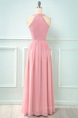 Blush Pink Halter Chiffon Long Corset Bridesmaid Dress with Keyhole outfit, Bridesmaids Dresses Websites