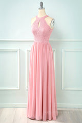 Blush Pink Halter Chiffon Long Corset Bridesmaid Dress with Keyhole outfit, Bridesmaid Dress Websites