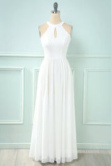 Blush Pink Halter Chiffon Long Corset Bridesmaid Dress with Keyhole outfit, Bridesmaid Dresses Websites