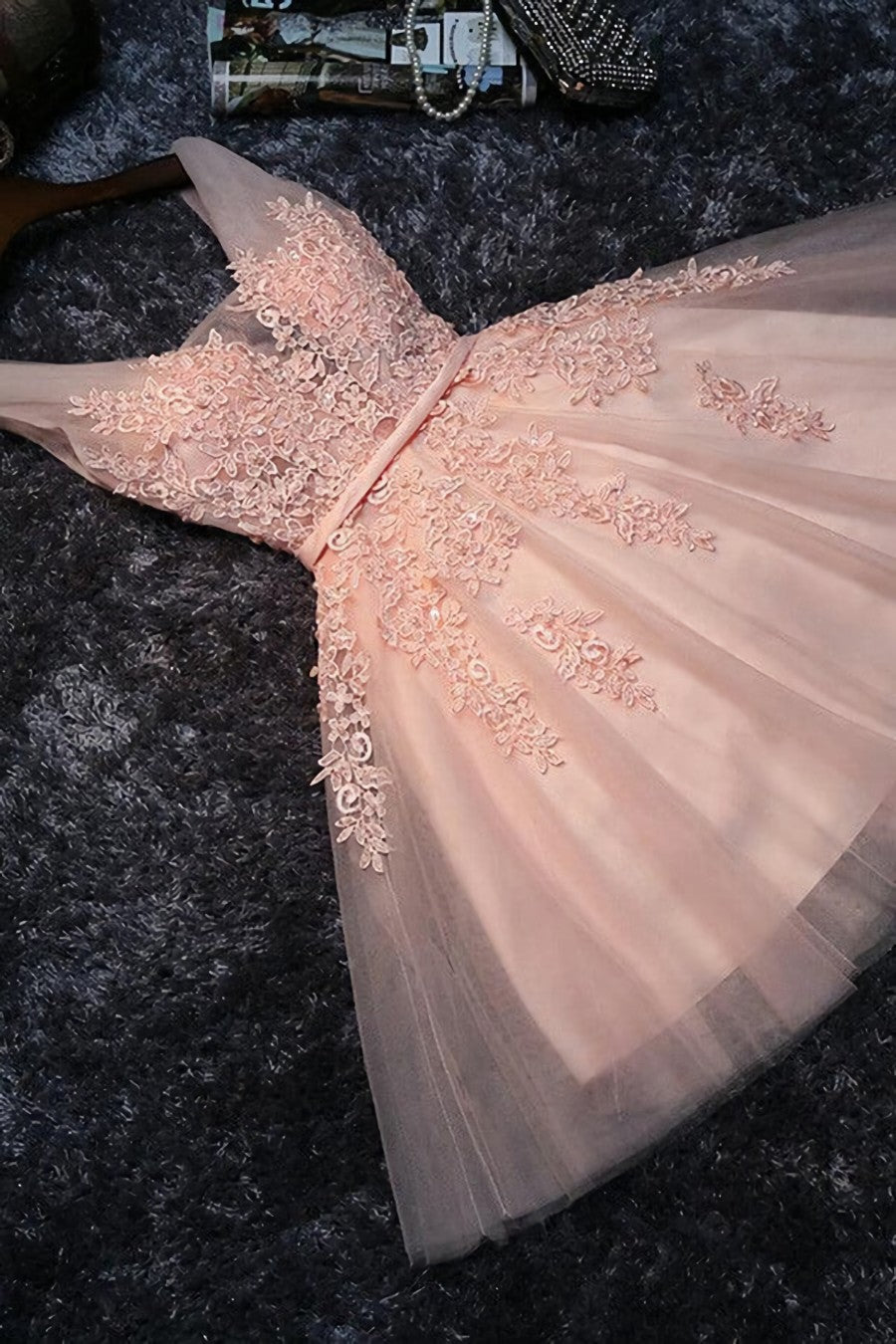 Blush Pink Lace Appliqued Tulle Corset Homecoming Dresses,Corset Formal Dress outfit, Prom Dresses Long Elegant