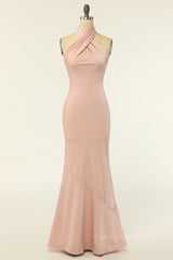 Blush Pink Mermaid Cross Front High Neck Long Corset Bridesmaid Dress outfit, Bridesmaids Dresses Spring