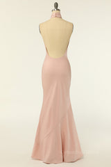 Blush Pink Mermaid Cross Front High Neck Long Corset Bridesmaid Dress outfit, Bridesmaid Dress Spring