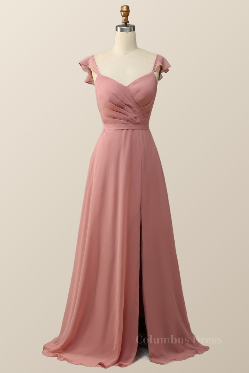 Blush Pink Ruffled Flare Sleeve Chiffon Long Corset Bridesmaid Dress outfit, Prom Dresses Shops