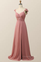 Blush Pink Ruffled Flare Sleeve Chiffon Long Corset Bridesmaid Dress outfit, Prom Dresses Inspired