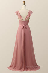 Blush Pink Ruffled Flare Sleeve Chiffon Long Corset Bridesmaid Dress outfit, Prom Dresses Inspiration