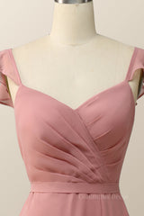 Blush Pink Ruffled Flare Sleeve Chiffon Long Corset Bridesmaid Dress outfit, Prom Dress Inspirational