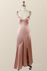 Blush Pink Silk Sheath Long Corset Bridesmaid Dress with Slit Gowns, Prom Dress With Shorts