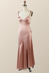 Blush Pink Silk Sheath Long Corset Bridesmaid Dress with Slit Gowns, Prom Dresses With Short