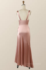 Blush Pink Silk Sheath Long Corset Bridesmaid Dress with Slit Gowns, Prom Dresses With Shorts