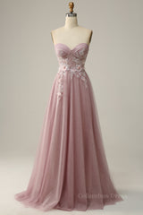 Blush Pink Strapless Sweetheart Appliques A-line Long Corset Prom Dress outfits, Prom Dressed Black