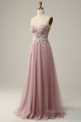 Blush Pink Strapless Sweetheart Appliques A-line Long Corset Prom Dress outfits, Prom Dresses 2024 Short