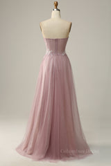 Blush Pink Strapless Sweetheart Appliques A-line Long Corset Prom Dress outfits, Prom Dress Graduacion