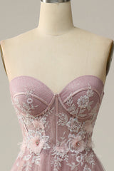 Blush Pink Strapless Sweetheart Appliques A-line Long Corset Prom Dress outfits, Prom Dress 3 7 Sleeves