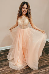 Blush V-Neck Sequins Corset Prom Dress outfits, Blush V-Neck Sequins Prom Dress