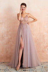 Spaghetti Straps V-neck Sheer Top Tulle Long Corset Prom Dresses with Side Slit outfit, Prom Dresses Off The Shoulder