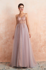 Spaghetti Straps V-neck Sheer Top Tulle Long Corset Prom Dresses with Side Slit outfit, Prom Dresses Beautiful
