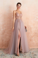 Spaghetti Straps V-neck Sheer Top Tulle Long Corset Prom Dresses with Side Slit outfit, Prom Dress Classy