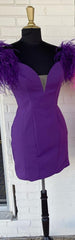 Bodycon Deep V Neck Purple Short Corset Homecoming Dress with Feather outfit, Bridesmaid Dress Shop