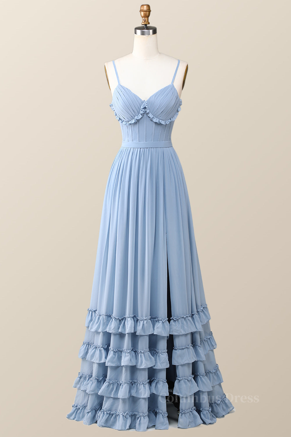 Boho Style Dusty Blue Ruffles Long Corset Bridesmaid Dress outfit, Backless Prom Dress