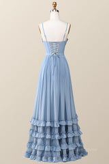 Boho Style Dusty Blue Ruffles Long Corset Bridesmaid Dress outfit, Long Dress Formal