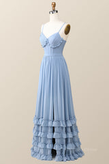 Boho Style Dusty Blue Ruffles Long Corset Bridesmaid Dress outfit, Strapless Dress