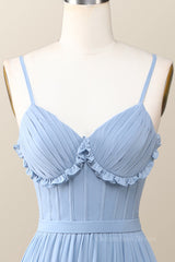 Boho Style Dusty Blue Ruffles Long Corset Bridesmaid Dress outfit, Cocktail Dress Prom