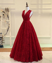 Burgundy V Neck Lace Long Corset Prom Dress, Burgundy Evening Dress outfit, Formal Dress For Weddings