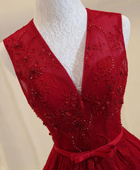 Burgundy V Neck Lace Long Corset Prom Dress, Burgundy Evening Dress outfit, Formal Dress For Wedding
