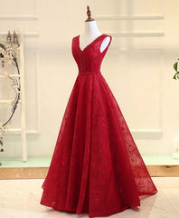 Burgundy V Neck Lace Long Corset Prom Gown Burgundy Evening Dress outfit, Formal Dress Black Dress