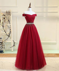 Burgundy Tulle Off Shoulder Long Corset Prom Dress, Burgundy Evening Dress outfit, Prom Dress 2042
