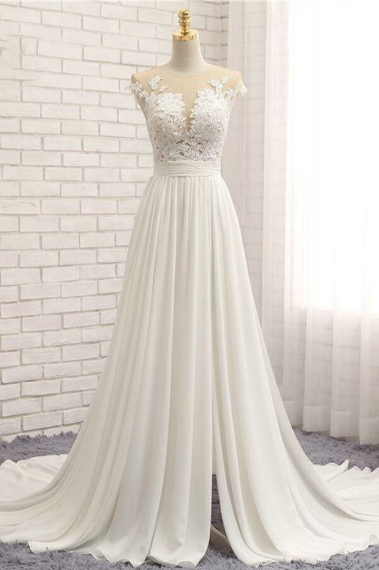 Front Slit Appliques Chiffon A-line Corset Wedding Dress outfit, Wedding Dresses Satin