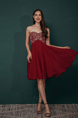 A-line Embroidery Chiffon Short Strapless Corset Back Beaded Corset Homecoming Dresses outfit, Beach Wedding Guest Dress
