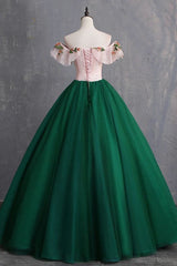 Green Off the Shoulder Floor Length Corset Prom Dress with Appliques, Puffy Quinceanera Dress outfit, Little Black Dress