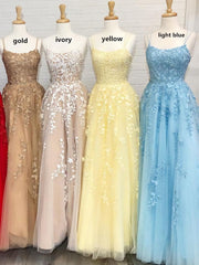 A Line Tulle Yellow Spaghetti Straps Corset Prom Dresses With Appliques Party Dresses outfit, Formal Dresses For Woman