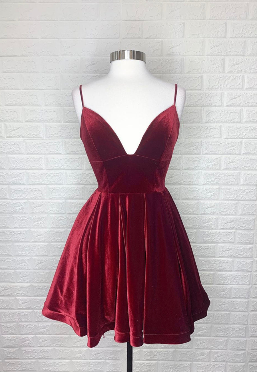 Burgundy V-Neck Velvet Short Corset Prom Dresses, A-Line Party Dresses outfit, Formal Dresses For Ladies Over 70