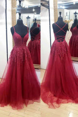 Burgundy Lace Long Corset Prom Dresses, A-Line Backless Evening Dresses outfit, Backless Prom Dress