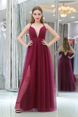 Burgundy A Line Floor Length Deep V Neck Sleeveless Side Slit Corset Prom Dresses outfit, Prom Dresses2041