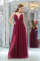 Burgundy A Line Floor Length Deep V Neck Sleeveless Side Slit Corset Prom Dresses outfit, Prom Dresses 2048