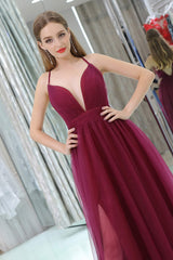 Burgundy A Line Floor Length Deep V Neck Sleeveless Side Slit Corset Prom Dresses outfit, Prom Dresses Long Elegant