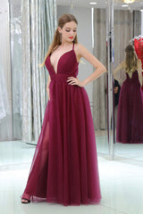 Burgundy A Line Floor Length Deep V Neck Sleeveless Side Slit Corset Prom Dresses outfit, Prom Dress Long Elegent