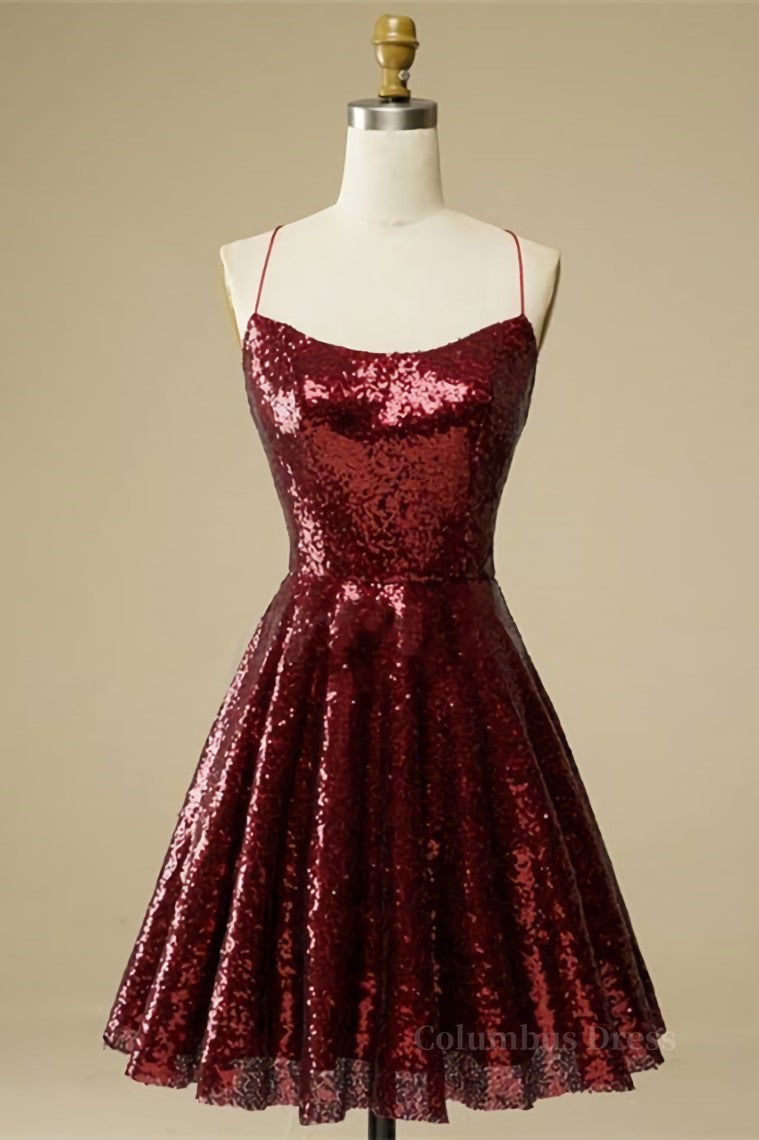 Burgundy A-line Lace-Up Back Sequins Mini Corset Homecoming Dress outfit, Party Dress With Glitter