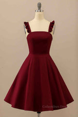 Burgundy A-line Ruffle Straps Satin Mini Corset Homecoming Dress outfit, Formal Dresses Classy