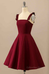 Burgundy A-line Ruffle Straps Satin Mini Corset Homecoming Dress outfit, Formal Dresses 2024