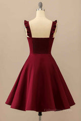 Burgundy A-line Ruffle Straps Satin Mini Corset Homecoming Dress outfit, Formal Dresses Prom