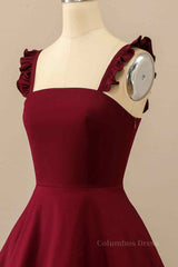 Burgundy A-line Ruffle Straps Satin Mini Corset Homecoming Dress outfit, Formal Dresses Vintage