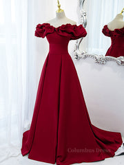 Burgundy A-Line Satin Long Corset Prom Dress, Burgundy Corset Formal Evening Dresses outfit, Prom Dresses Long With Sleeves