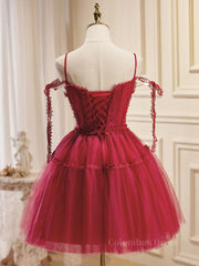 Burgundy A-Line Tulle Lace Short Corset Prom Dress, Burgundy Corset Homecoming Dresses outfit, Prom Dresses Photos Gallery